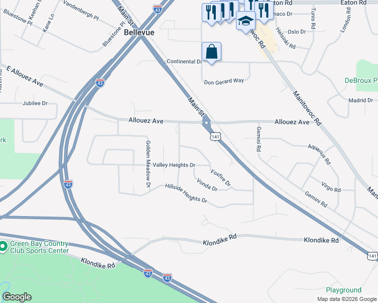 map of restaurants, bars, coffee shops, grocery stores, and more near 2421 Meadow Park Drive in Green Bay