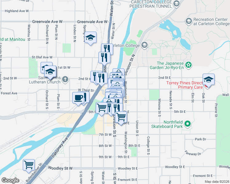 map of restaurants, bars, coffee shops, grocery stores, and more near 312 Division Street South in Northfield