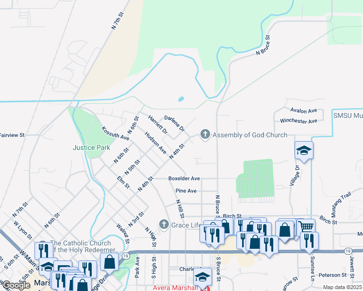 map of restaurants, bars, coffee shops, grocery stores, and more near 1006 North 4th Street in Marshall