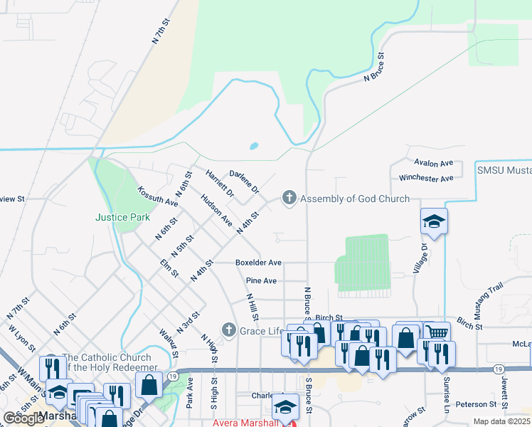 map of restaurants, bars, coffee shops, grocery stores, and more near 1008 North 4th Street in Marshall