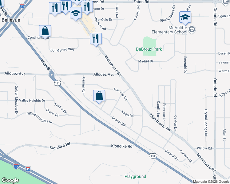 map of restaurants, bars, coffee shops, grocery stores, and more near 2814 Aquarius Road in Green Bay