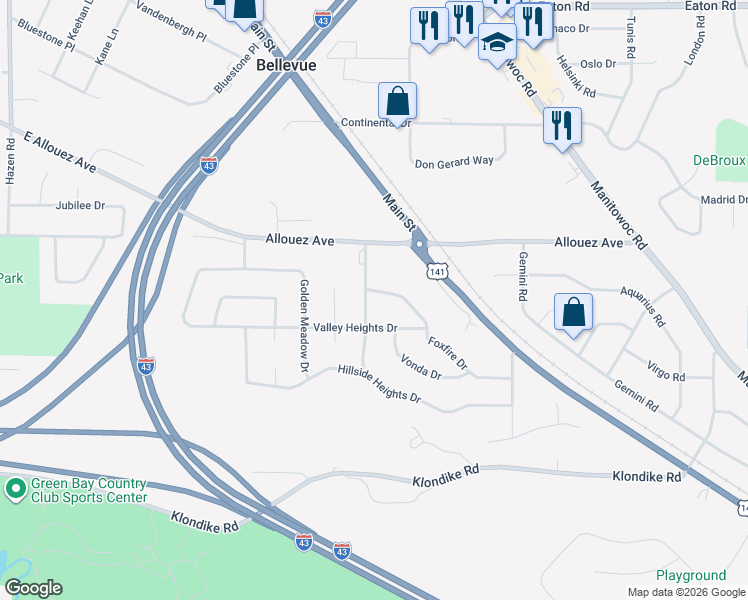 map of restaurants, bars, coffee shops, grocery stores, and more near 2421 Meadow Park Drive in Green Bay