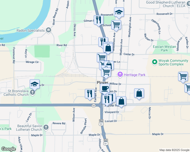 map of restaurants, bars, coffee shops, grocery stores, and more near 2811 Walnut Drive in Plover