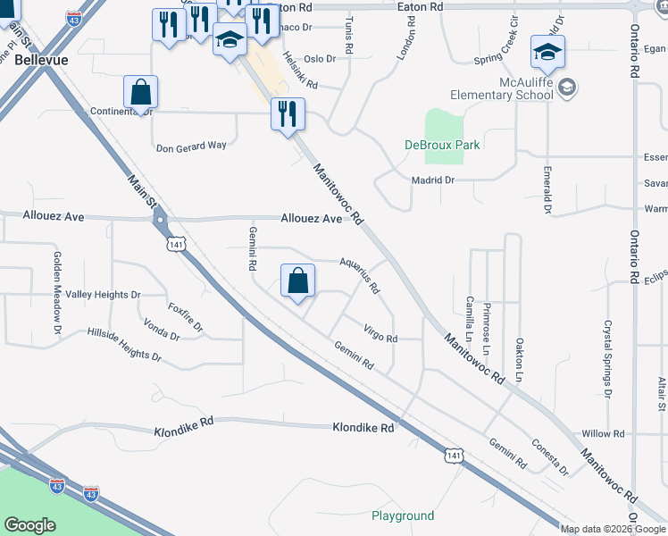 map of restaurants, bars, coffee shops, grocery stores, and more near 2814 Aquarius Road in Green Bay