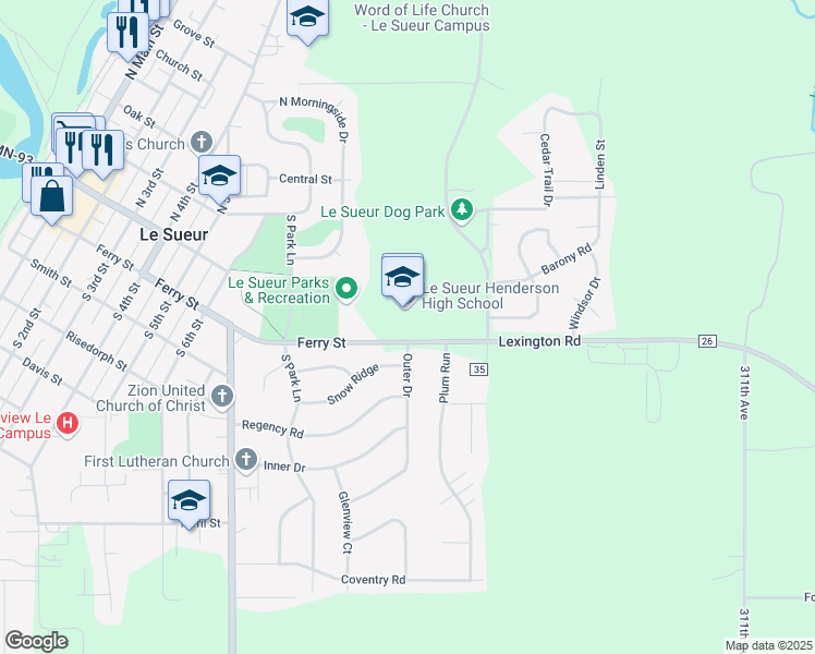 map of restaurants, bars, coffee shops, grocery stores, and more near 901 Ferry Street in Le Sueur