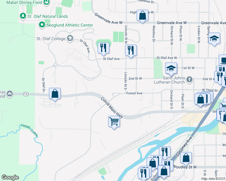map of restaurants, bars, coffee shops, grocery stores, and more near 1120 Forest Avenue in Northfield