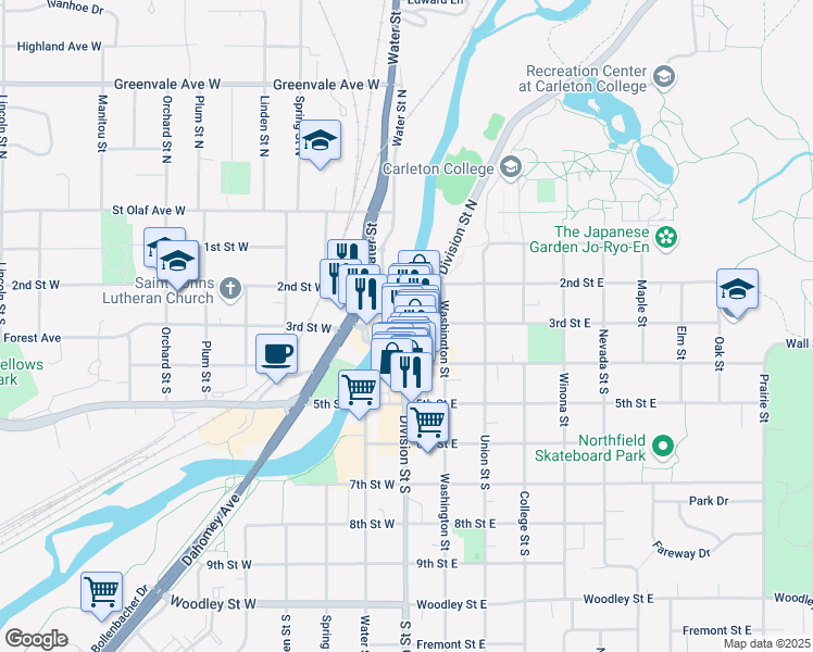 map of restaurants, bars, coffee shops, grocery stores, and more near 312 Division Street South in Northfield