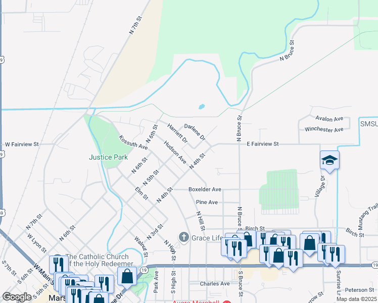 map of restaurants, bars, coffee shops, grocery stores, and more near 406 Hudson Avenue in Marshall