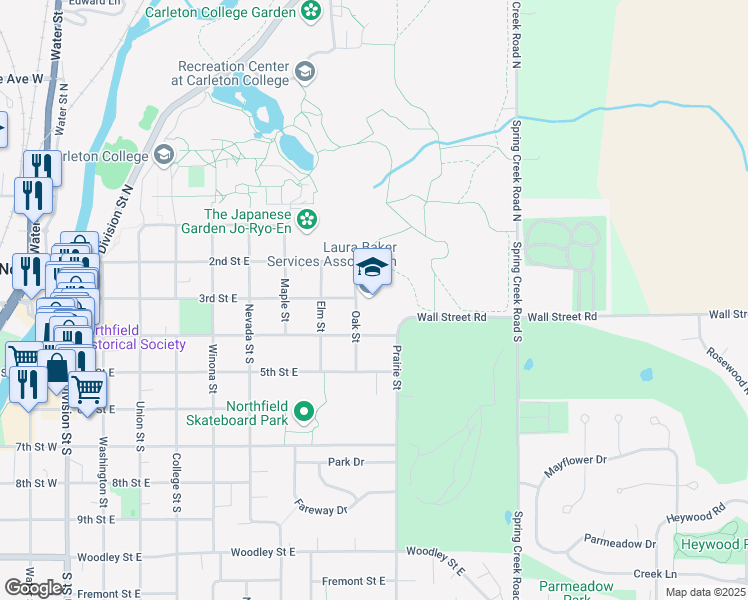 map of restaurants, bars, coffee shops, grocery stores, and more near 211 Oak Street in Northfield