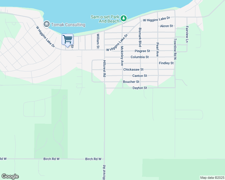 map of restaurants, bars, coffee shops, grocery stores, and more near 7500-8498 Hillcrest Road in Roscommon