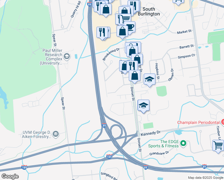 map of restaurants, bars, coffee shops, grocery stores, and more near 74C Aspen Drive in South Burlington