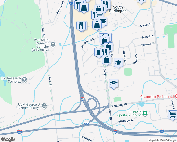 map of restaurants, bars, coffee shops, grocery stores, and more near 74C Aspen Drive in South Burlington