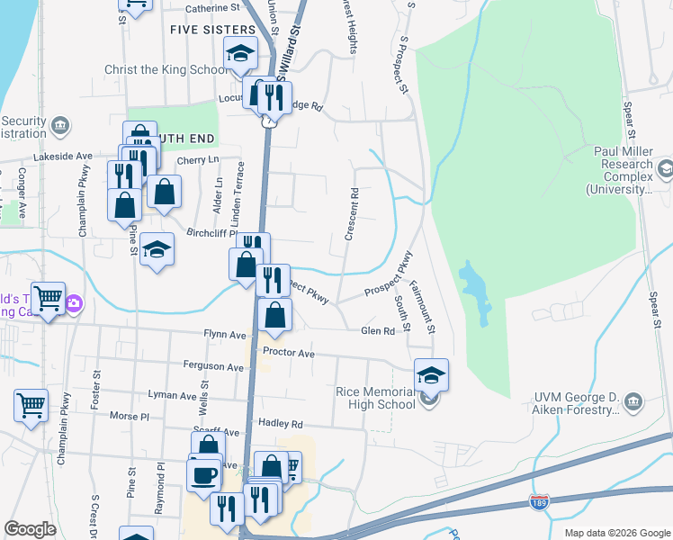 map of restaurants, bars, coffee shops, grocery stores, and more near 25 Crescent Road in Burlington