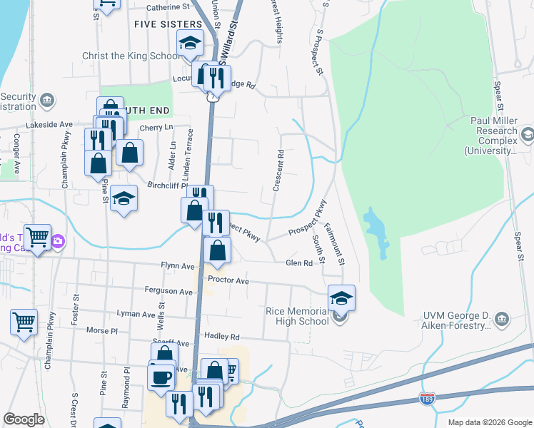 map of restaurants, bars, coffee shops, grocery stores, and more near 25 Crescent Road in Burlington