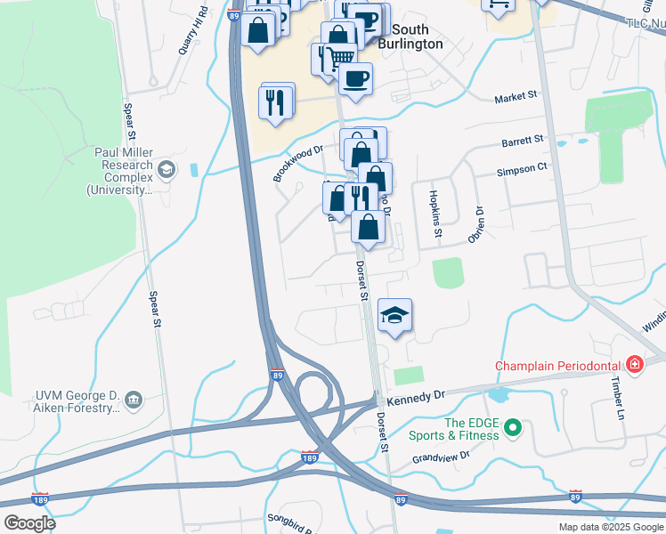 map of restaurants, bars, coffee shops, grocery stores, and more near 25 Town Square Drive in South Burlington