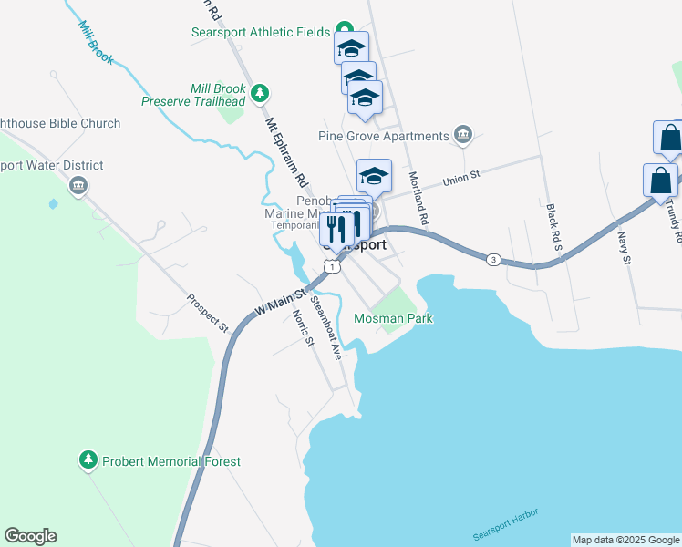 map of restaurants, bars, coffee shops, grocery stores, and more near 1 Water Street in Searsport