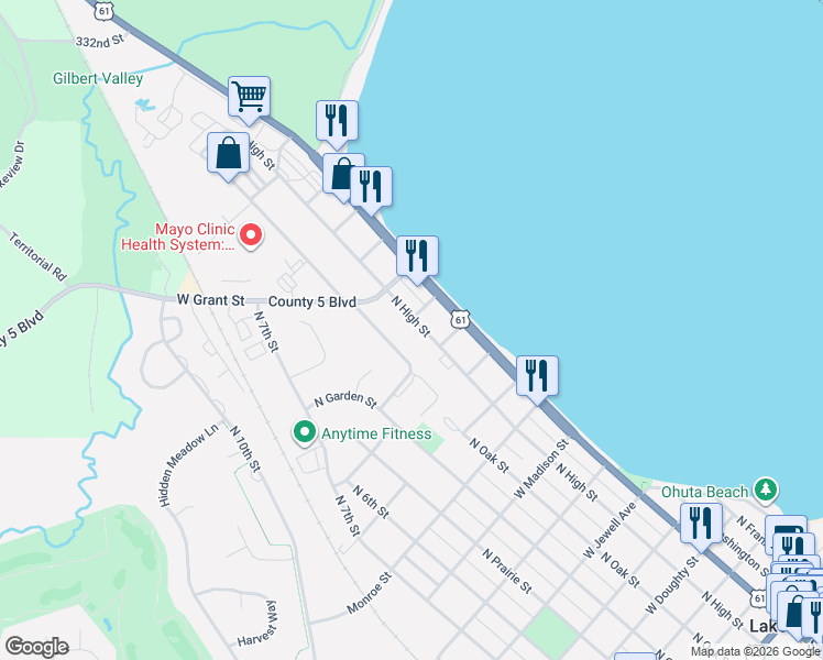 map of restaurants, bars, coffee shops, grocery stores, and more near 1208 North Oak Street in Lake City