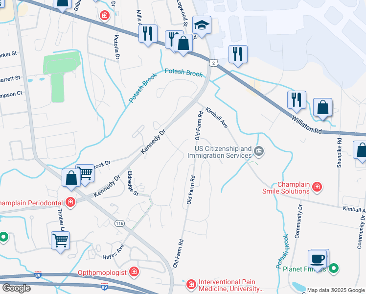 map of restaurants, bars, coffee shops, grocery stores, and more near Two Brothers Drive in South Burlington