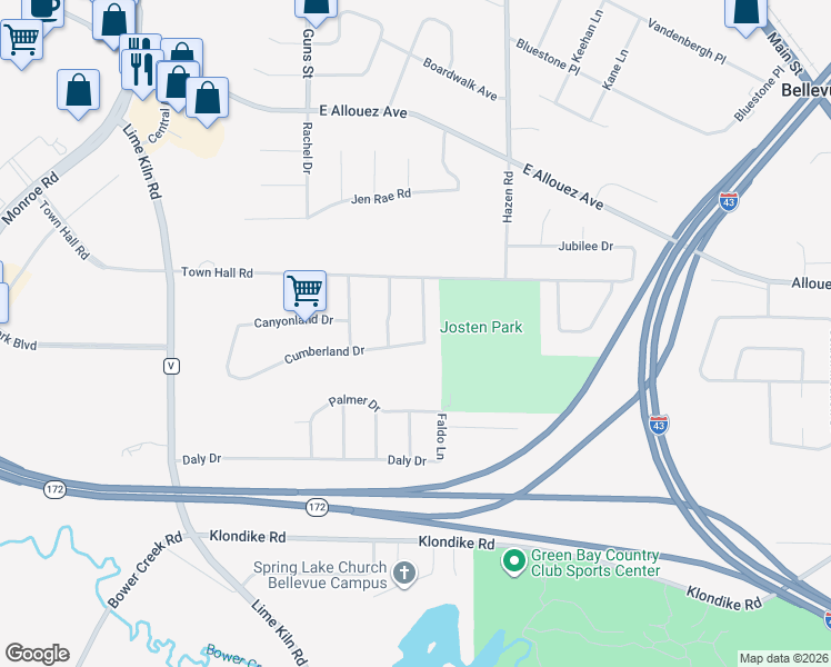 map of restaurants, bars, coffee shops, grocery stores, and more near 2222 Cumberland Drive in Green Bay