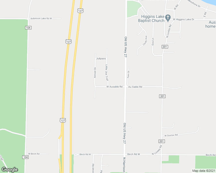 map of restaurants, bars, coffee shops, grocery stores, and more near West Ausable Road in Roscommon County