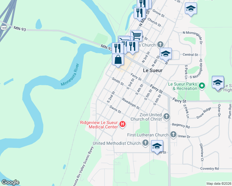 map of restaurants, bars, coffee shops, grocery stores, and more near 220 Risedorph Street in Le Sueur