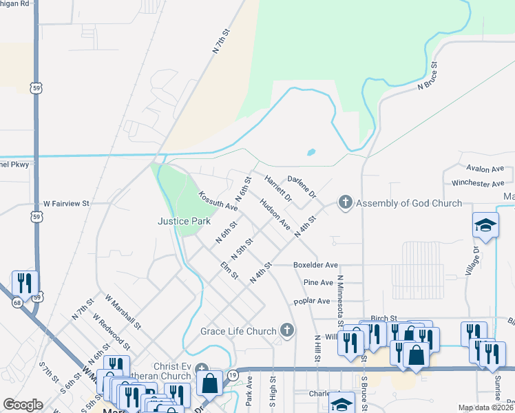 map of restaurants, bars, coffee shops, grocery stores, and more near 901 North 5th Street in Marshall