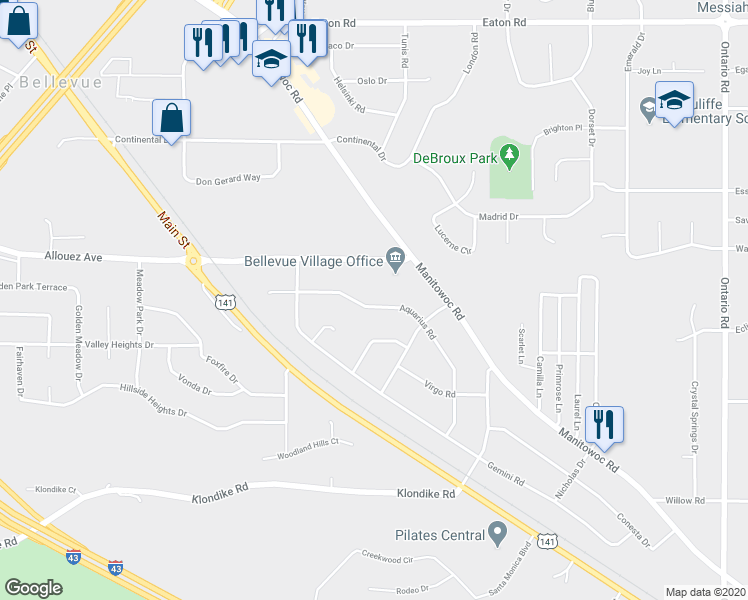 map of restaurants, bars, coffee shops, grocery stores, and more near 2803 Aquarius Road in Bellevue