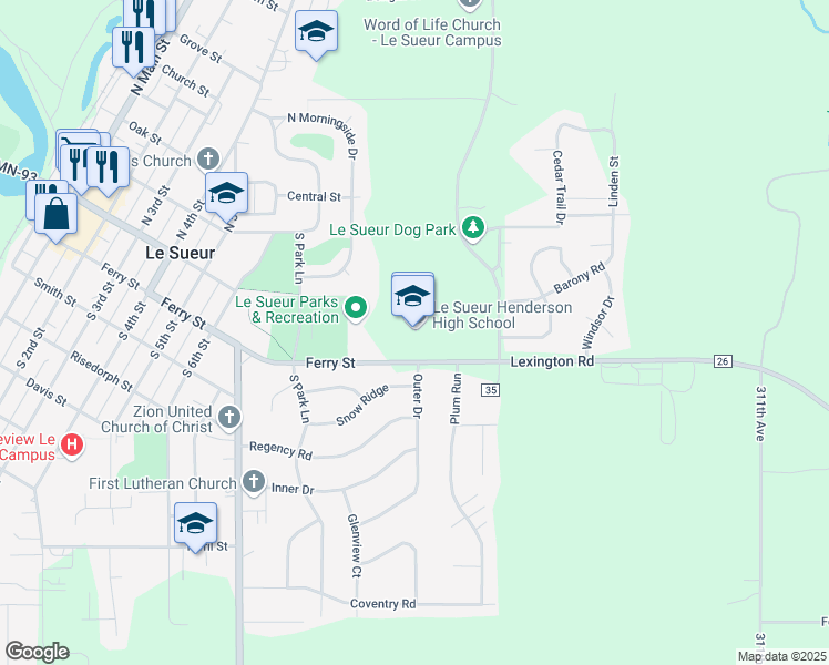map of restaurants, bars, coffee shops, grocery stores, and more near 901 Ferry Street in Le Sueur
