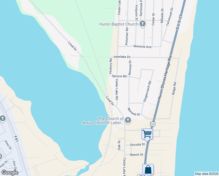 map of restaurants, bars, coffee shops, grocery stores, and more near 6034-6176 Loud Drive in Oscoda charter Township