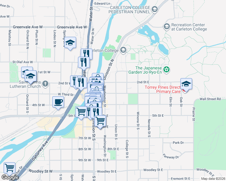 map of restaurants, bars, coffee shops, grocery stores, and more near 300 Union Street in Northfield