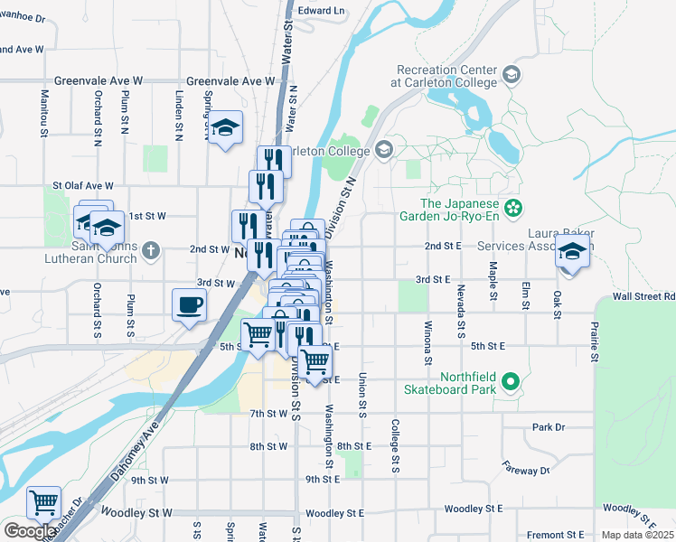map of restaurants, bars, coffee shops, grocery stores, and more near 201 3rd Street East in Northfield