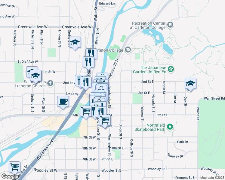 map of restaurants, bars, coffee shops, grocery stores, and more near 201 3rd Street East in Northfield
