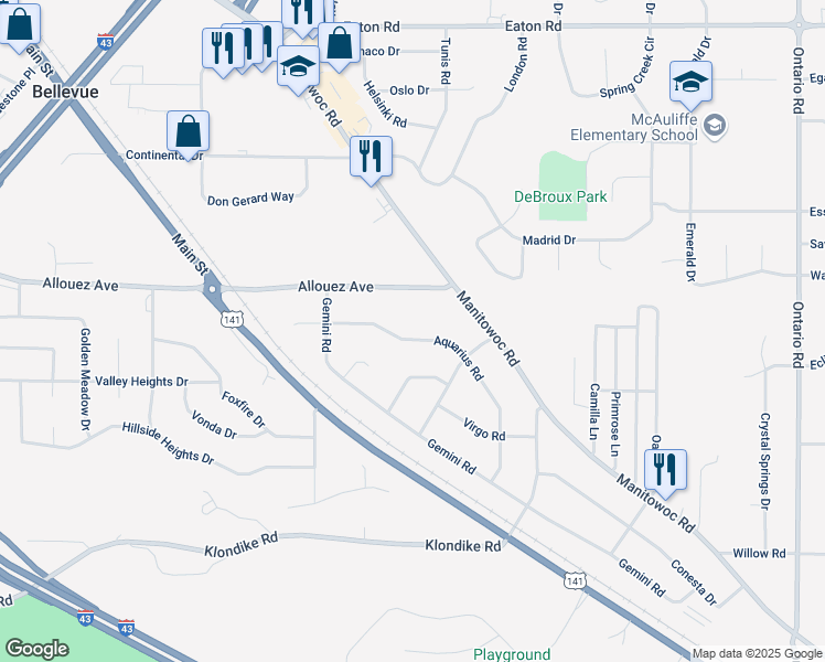 map of restaurants, bars, coffee shops, grocery stores, and more near 2801 Aquarius Road in Green Bay