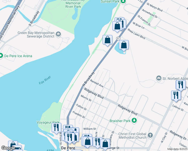 map of restaurants, bars, coffee shops, grocery stores, and more near 922 North Broadway in De Pere