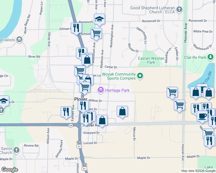 map of restaurants, bars, coffee shops, grocery stores, and more near 2610 Washington Avenue in Plover