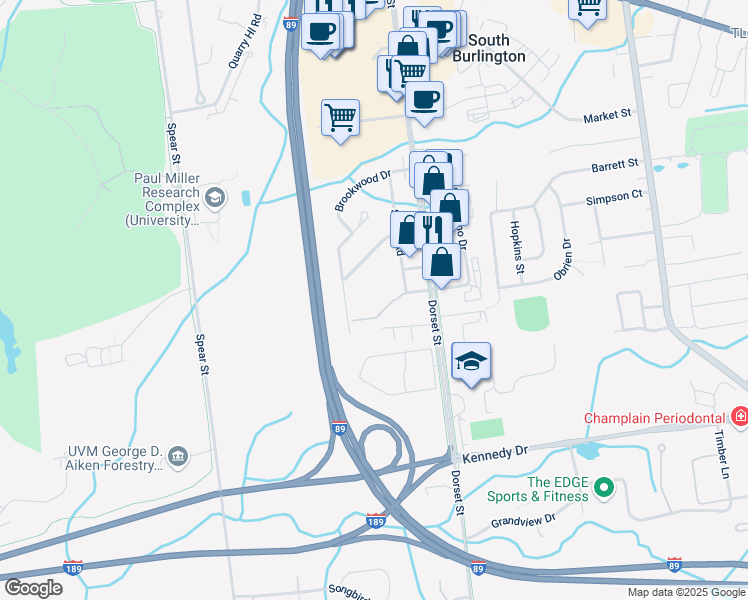 map of restaurants, bars, coffee shops, grocery stores, and more near 7 Aspen Drive in South Burlington