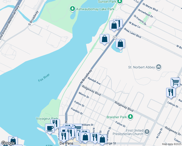 map of restaurants, bars, coffee shops, grocery stores, and more near 922 North Broadway in De Pere