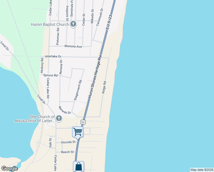 map of restaurants, bars, coffee shops, grocery stores, and more near 6000-6098 Ridge Rd in Oscoda