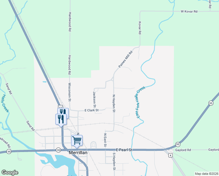 map of restaurants, bars, coffee shops, grocery stores, and more near 305 North Street in Merrillan