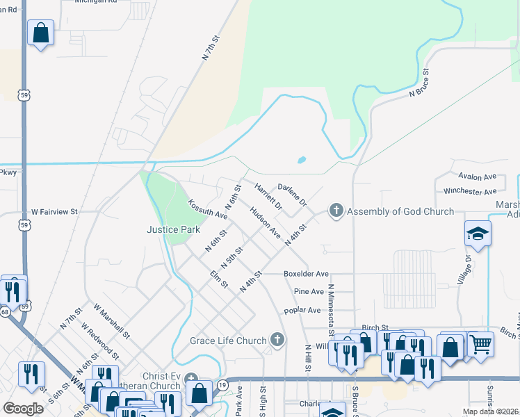 map of restaurants, bars, coffee shops, grocery stores, and more near 521 Harriett Drive in Marshall