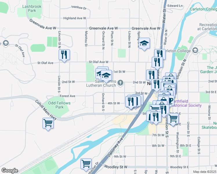 map of restaurants, bars, coffee shops, grocery stores, and more near 201 Orchard Street South in Northfield