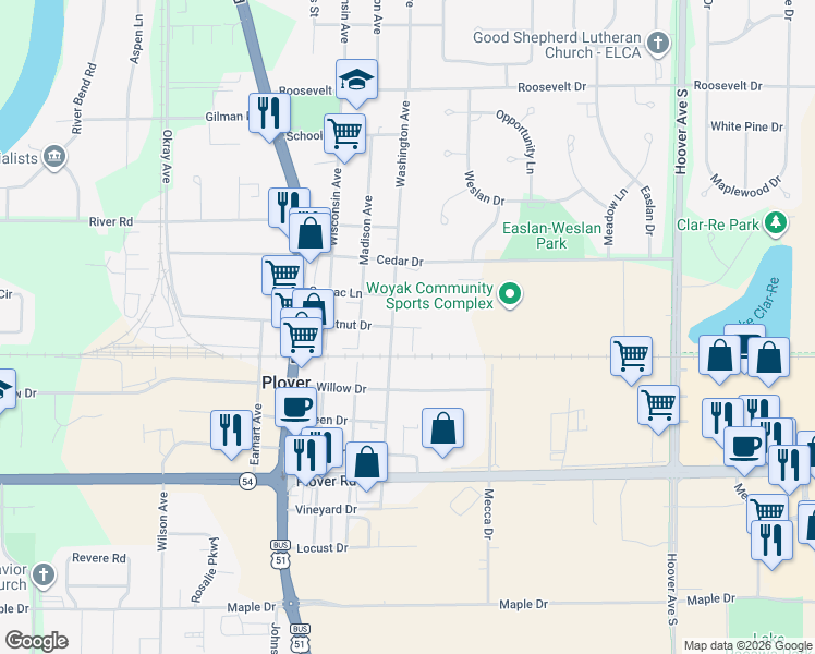 map of restaurants, bars, coffee shops, grocery stores, and more near 2570 Washington Avenue in Plover