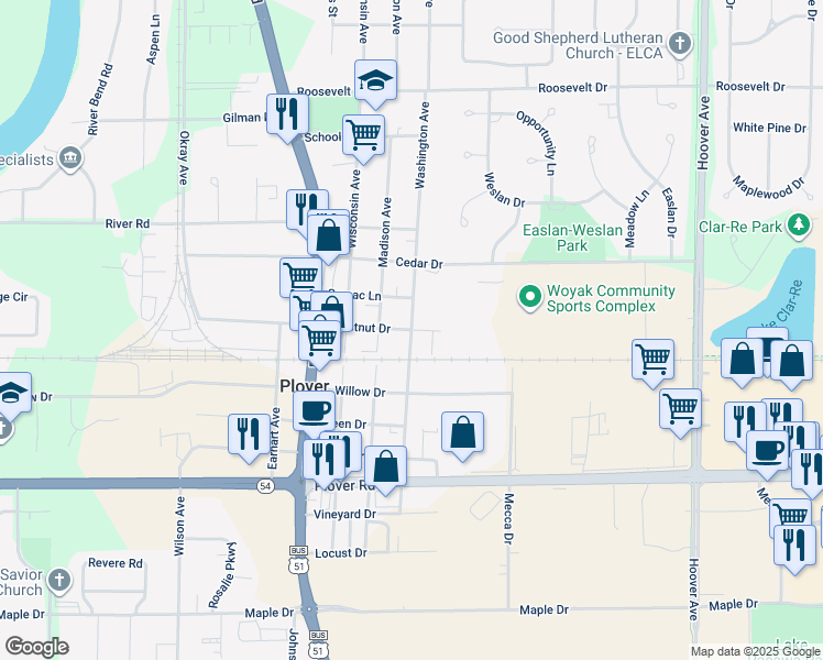 map of restaurants, bars, coffee shops, grocery stores, and more near 2570 Washington Avenue in Plover
