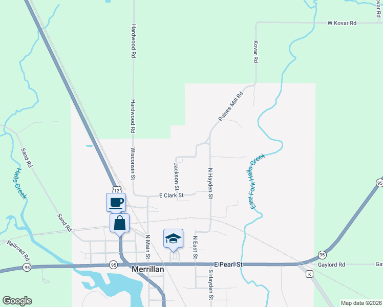 map of restaurants, bars, coffee shops, grocery stores, and more near 305 North Street in Merrillan