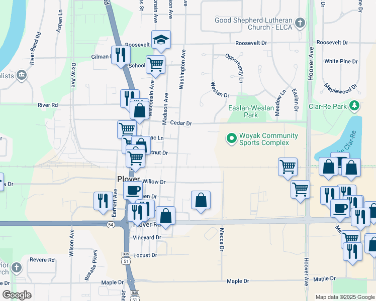 map of restaurants, bars, coffee shops, grocery stores, and more near 2570 Washington Avenue in Plover