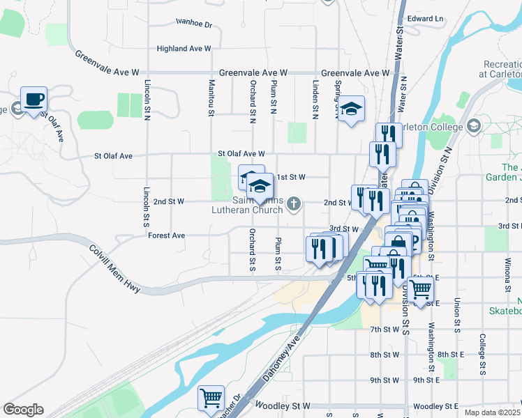 map of restaurants, bars, coffee shops, grocery stores, and more near 201 Orchard Street South in Northfield