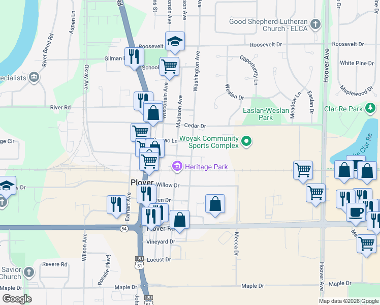 map of restaurants, bars, coffee shops, grocery stores, and more near 2570 Washington Avenue in Plover