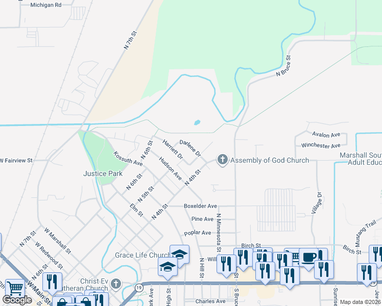 map of restaurants, bars, coffee shops, grocery stores, and more near 502 Darlene Drive in Marshall
