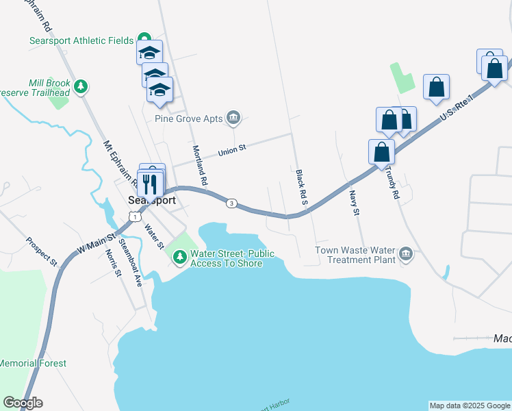map of restaurants, bars, coffee shops, grocery stores, and more near 96 East Main Street in Searsport