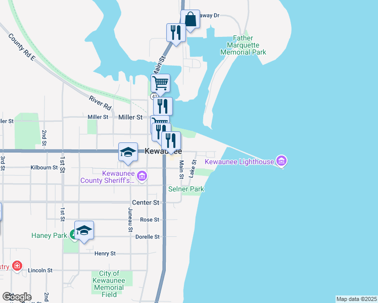 map of restaurants, bars, coffee shops, grocery stores, and more near 119 Ellis Street in Kewaunee